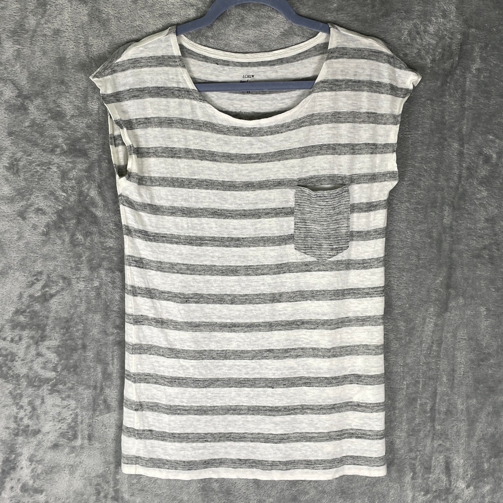 J.Crew Linen Striped T-Shirt Womens XS Grey White Very Good Pocket Cap Sleeve